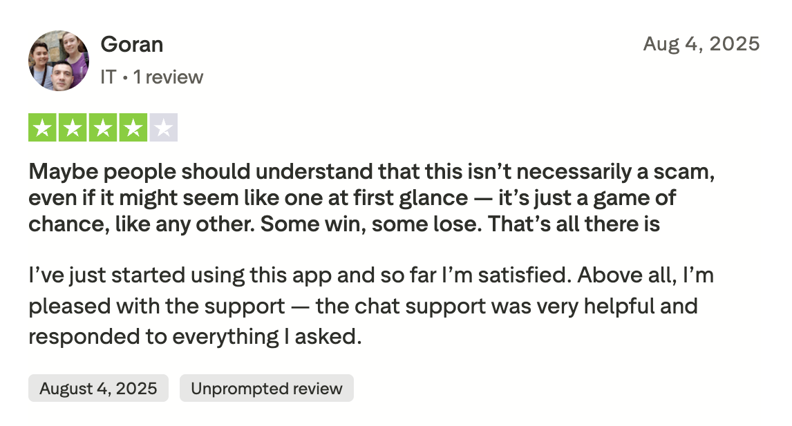 Recensione positiva Trustpilot Spinogambino supporto chat utile
